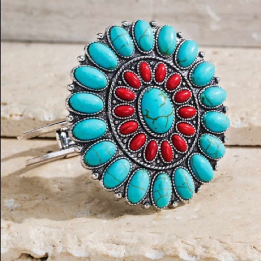 Boho Western Style Squash Blossom Hinge Bracelet - Picture 2 of 7